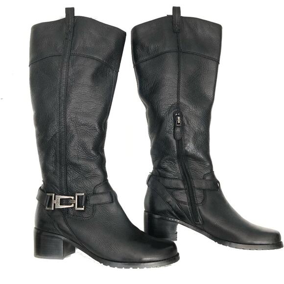 Circa Joan David Leather Tall Riding Boot Black Low block Heel Silver Accent 6.5 - Picture 1 of 15